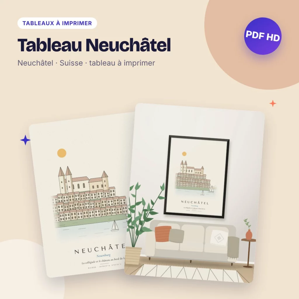 Tableau Neuchâtel – la collégiale et le lac, dessin ligne claire