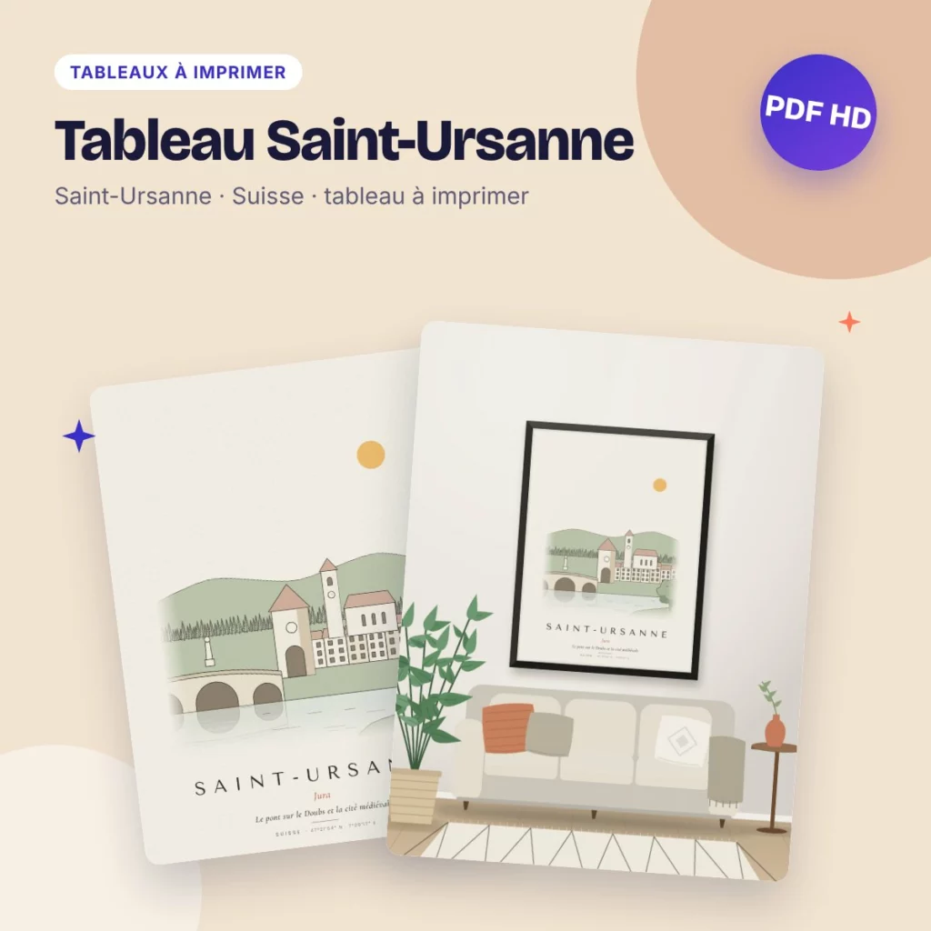 Tableau Saint-Ursanne – le pont sur le Doubs, dessin ligne claire