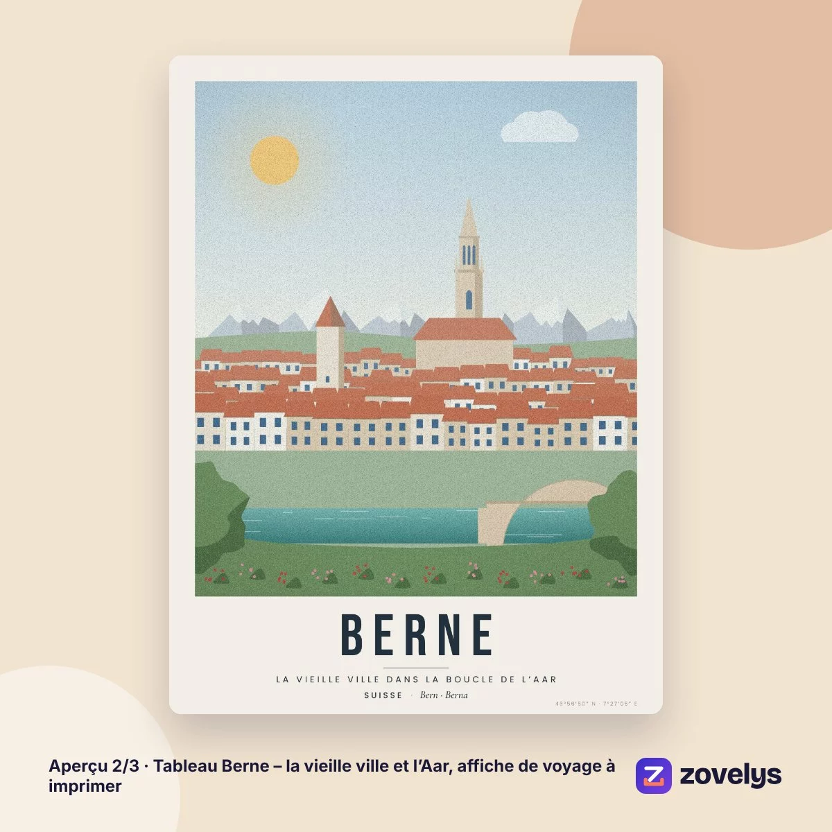 Tableau Berne – la vieille ville et l’Aar, affiche de voyage à imprimer – aperçu 2