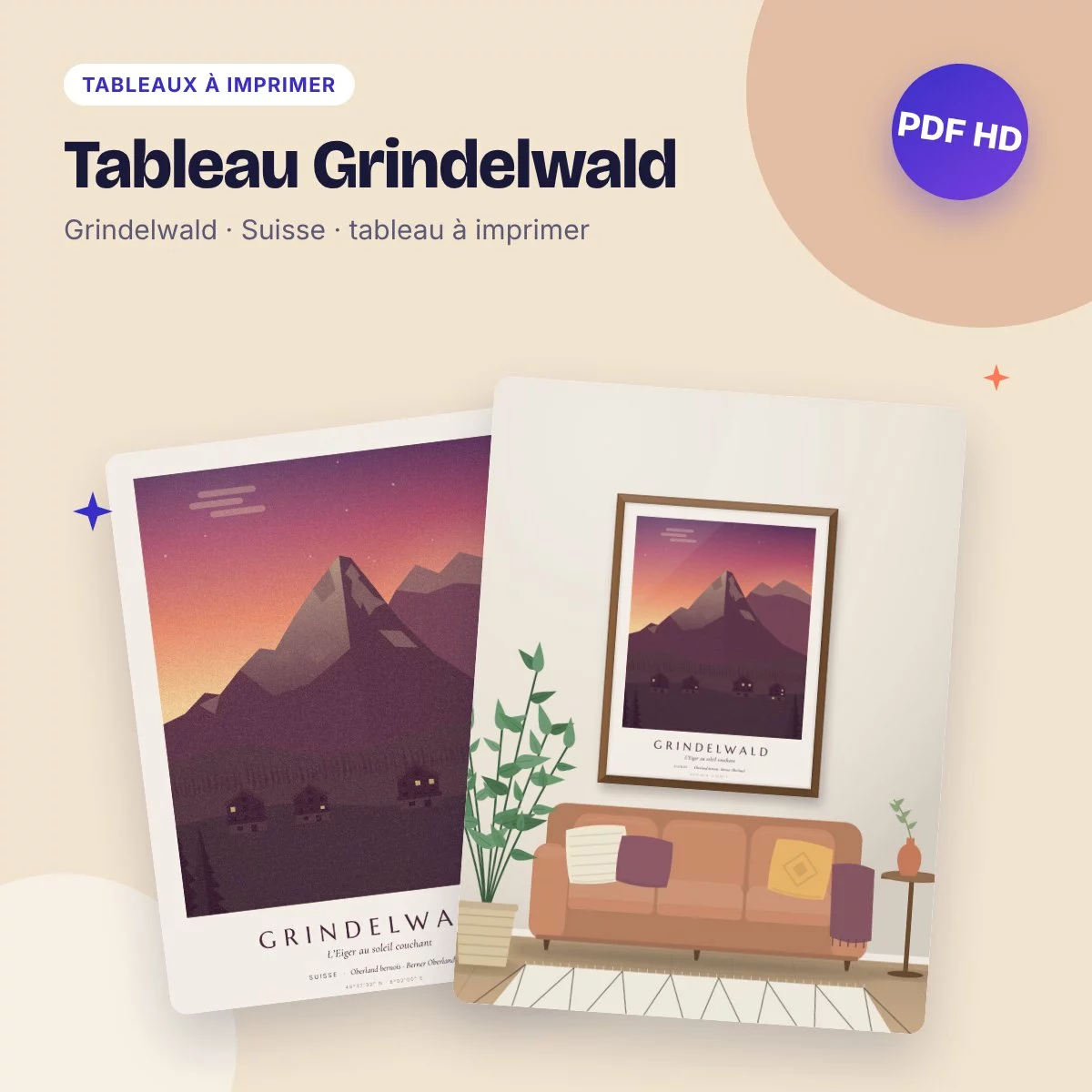 Tableau Grindelwald – l’Eiger au coucher du soleil, PDF haute qualité
