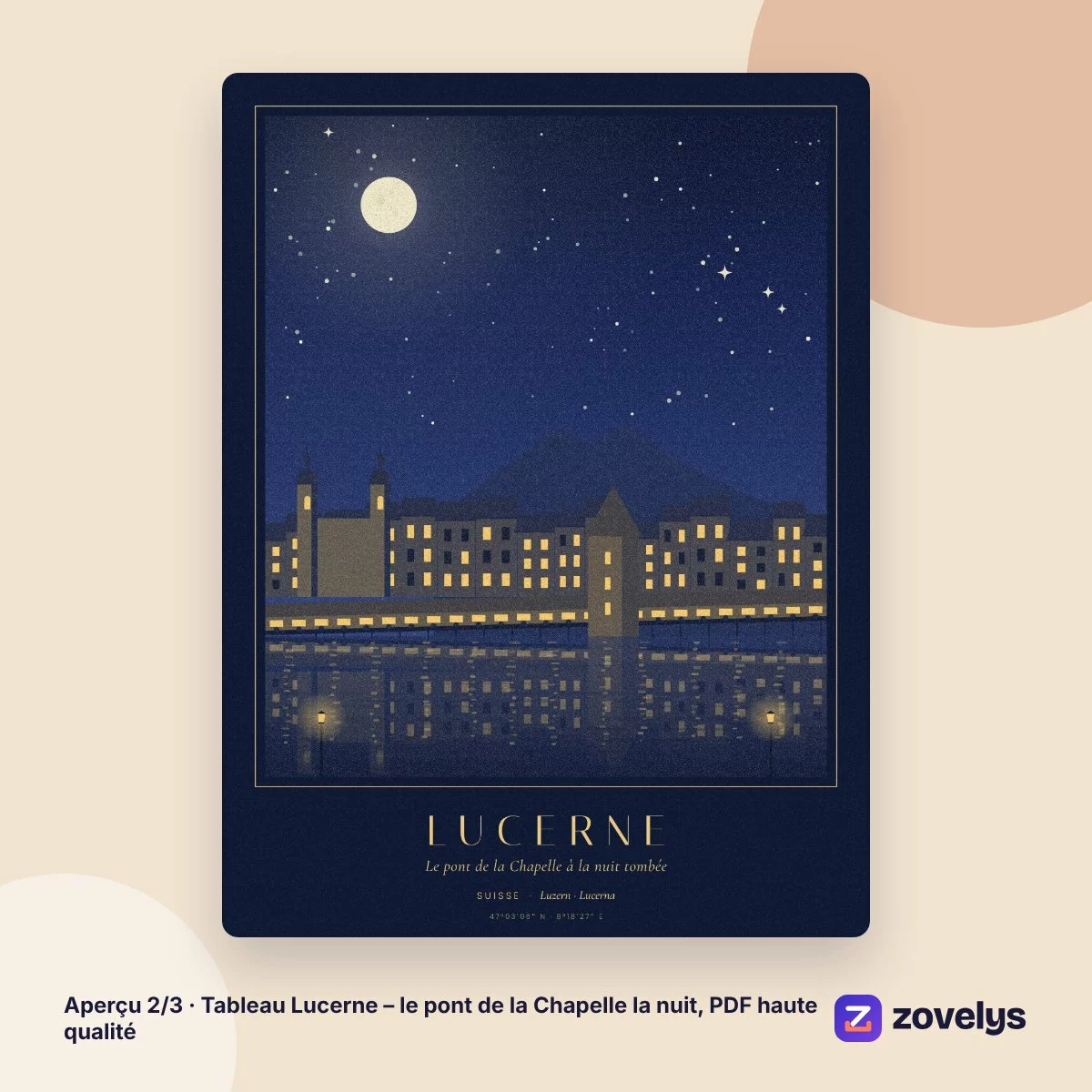 Tableau Lucerne – le pont de la Chapelle la nuit, PDF haute qualité – aperçu 2
