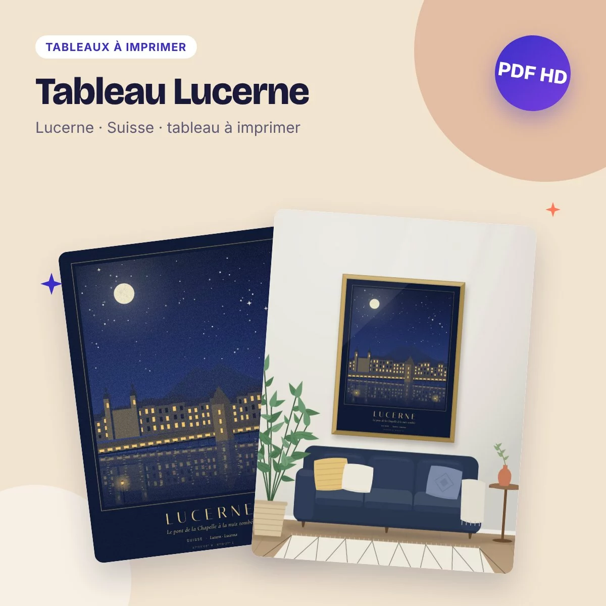 Tableau Lucerne – le pont de la Chapelle la nuit, PDF haute qualité