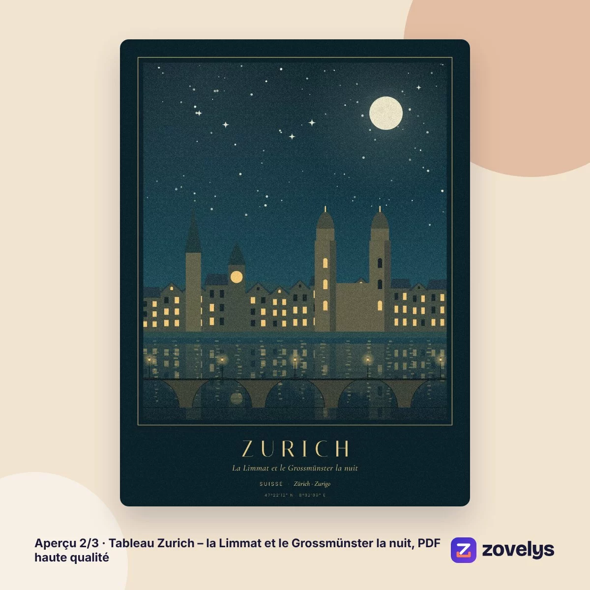 Tableau Zurich – la Limmat et le Grossmünster la nuit, PDF haute qualité – aperçu 2
