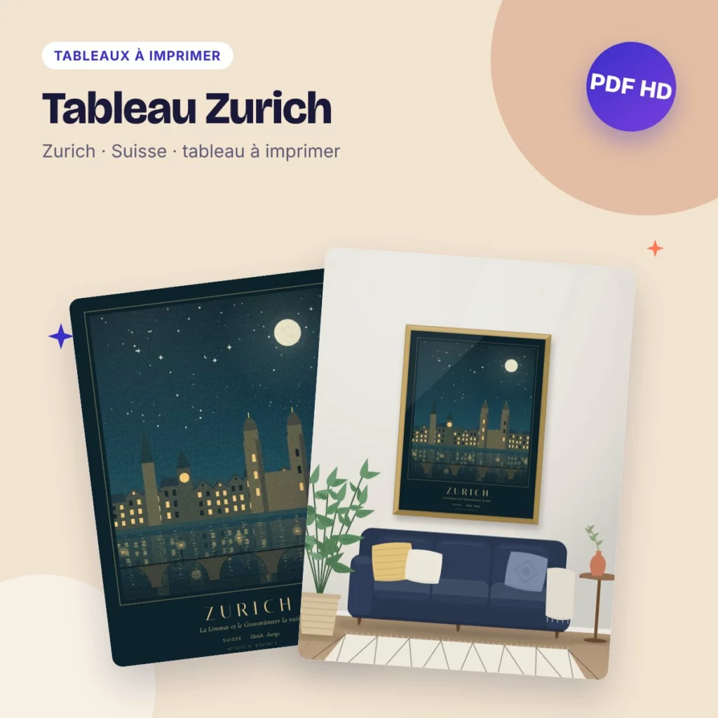 Tableau Zurich – la Limmat et le Grossmünster la nuit, PDF haute qualité