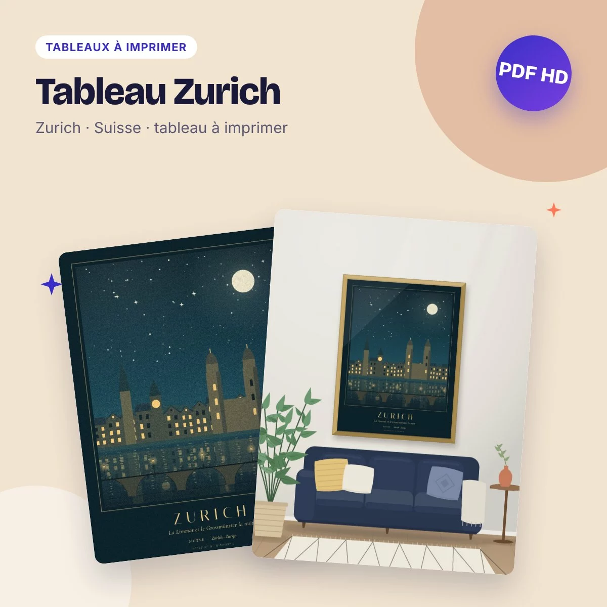 Tableau Zurich – la Limmat et le Grossmünster la nuit, PDF haute qualité