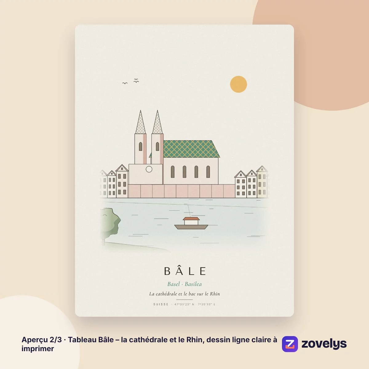 Tableau Bâle – la cathédrale et le Rhin, dessin ligne claire à imprimer – aperçu 2