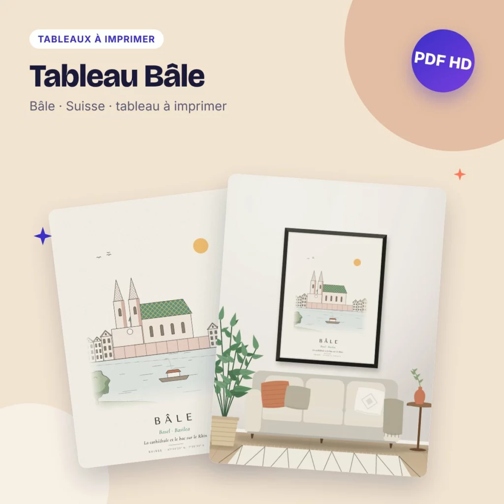 Tableau Bâle – la cathédrale et le Rhin, dessin ligne claire à imprimer