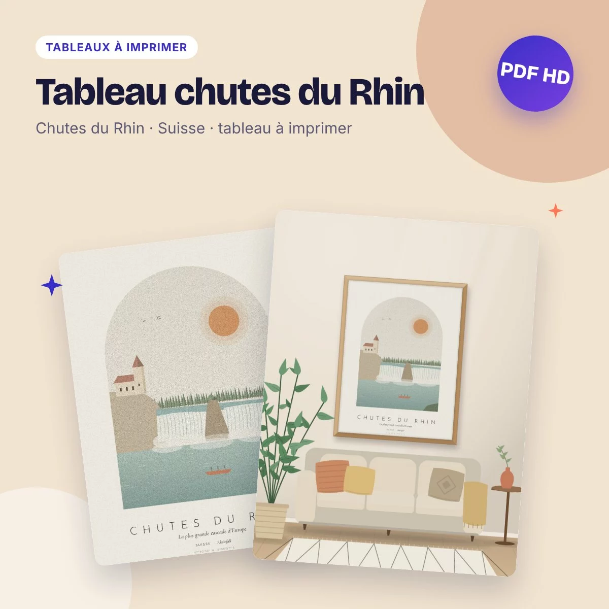 Tableau chutes du Rhin – la grande cascade, déco bohème à imprimer