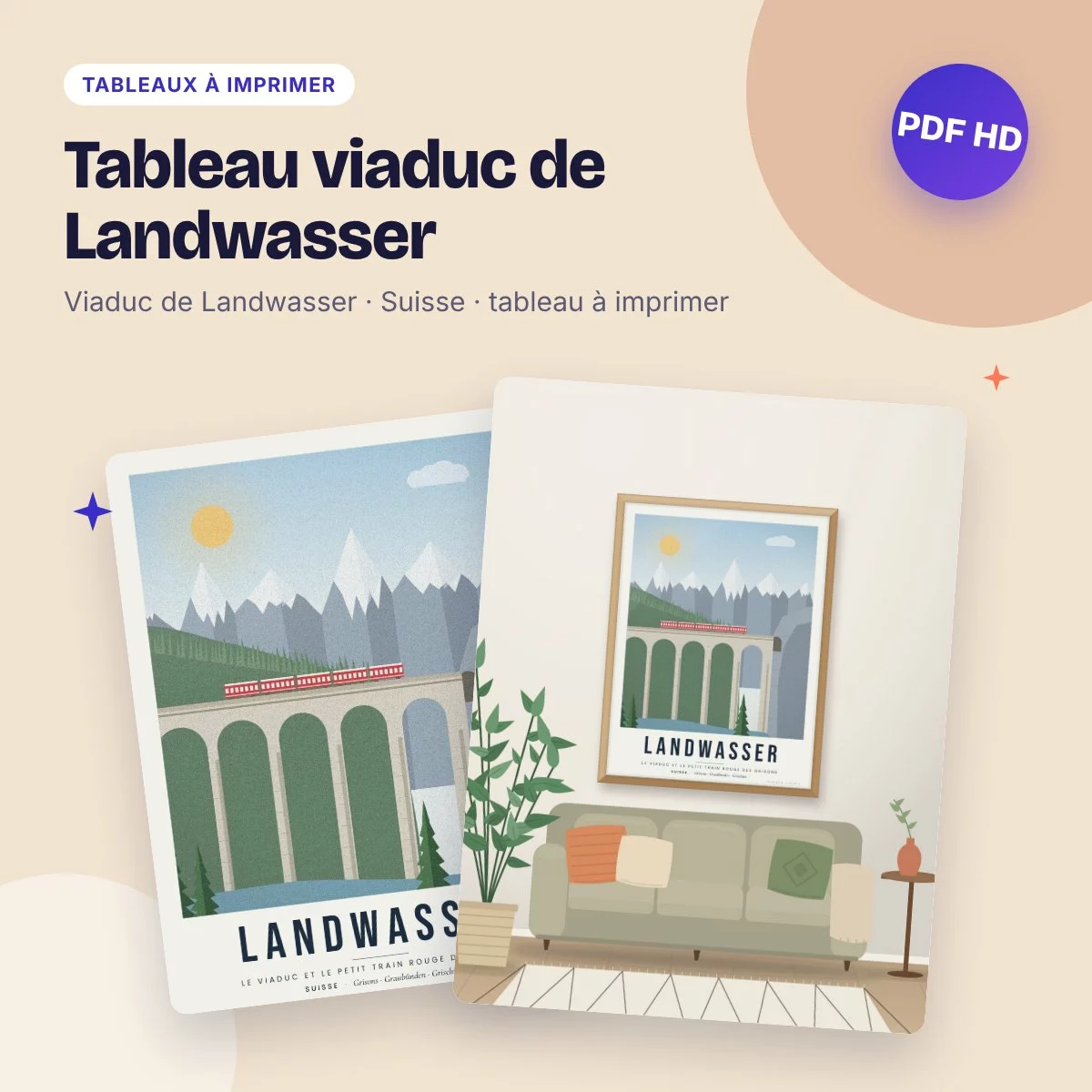 Tableau viaduc de Landwasser – le train rouge des Alpes, affiche à imprimer