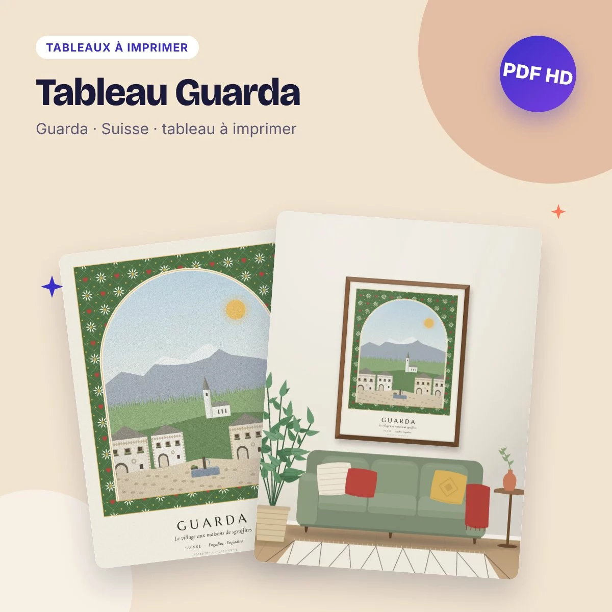 Tableau Guarda – le village engadinois, déco motif alpin à imprimer