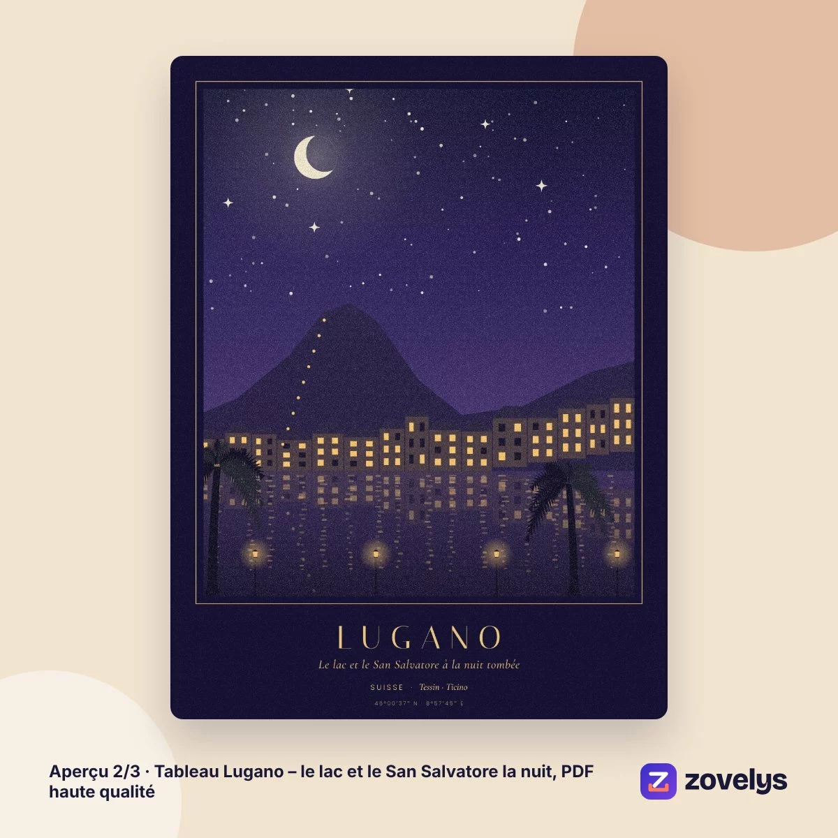 Tableau Lugano – le lac et le San Salvatore la nuit, PDF haute qualité – aperçu 2