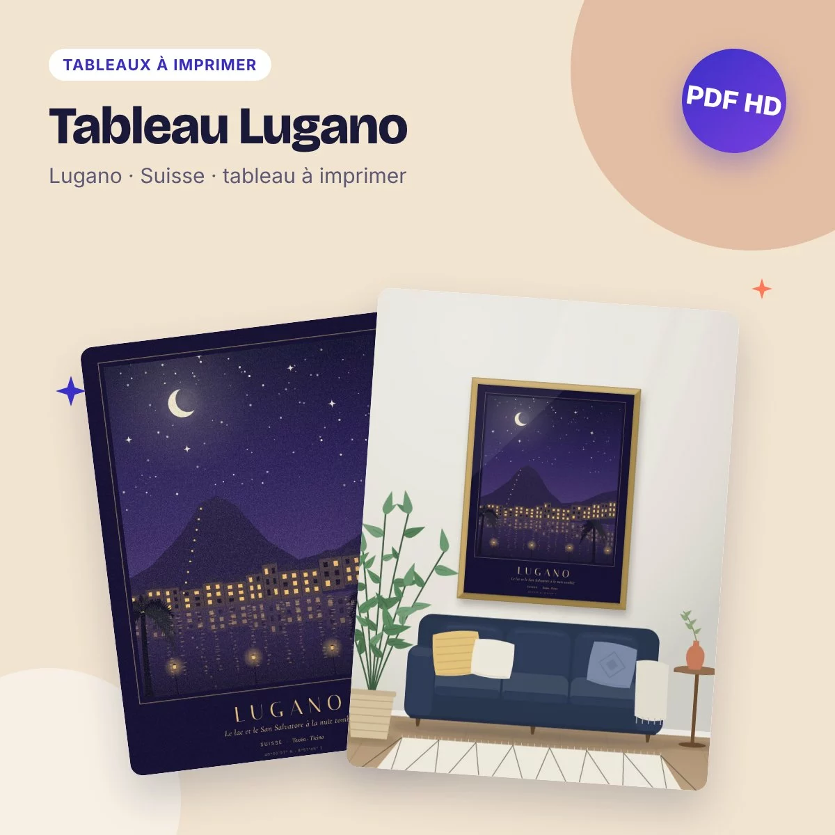 Tableau Lugano – le lac et le San Salvatore la nuit, PDF haute qualité