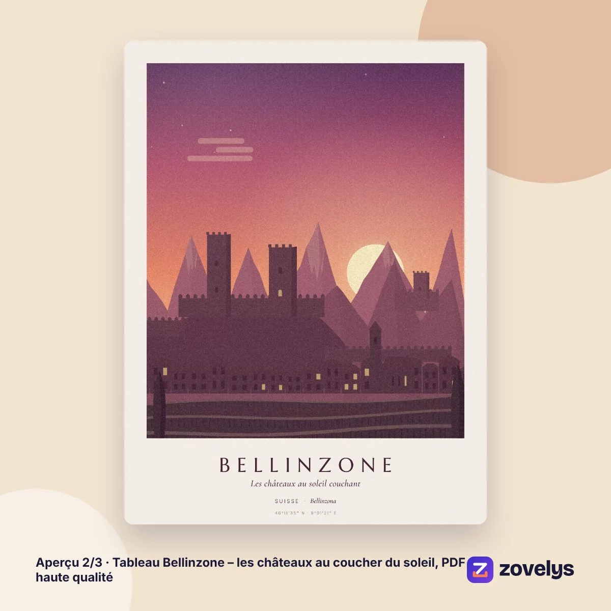 Tableau Bellinzone – les châteaux au coucher du soleil, PDF haute qualité – aperçu 2