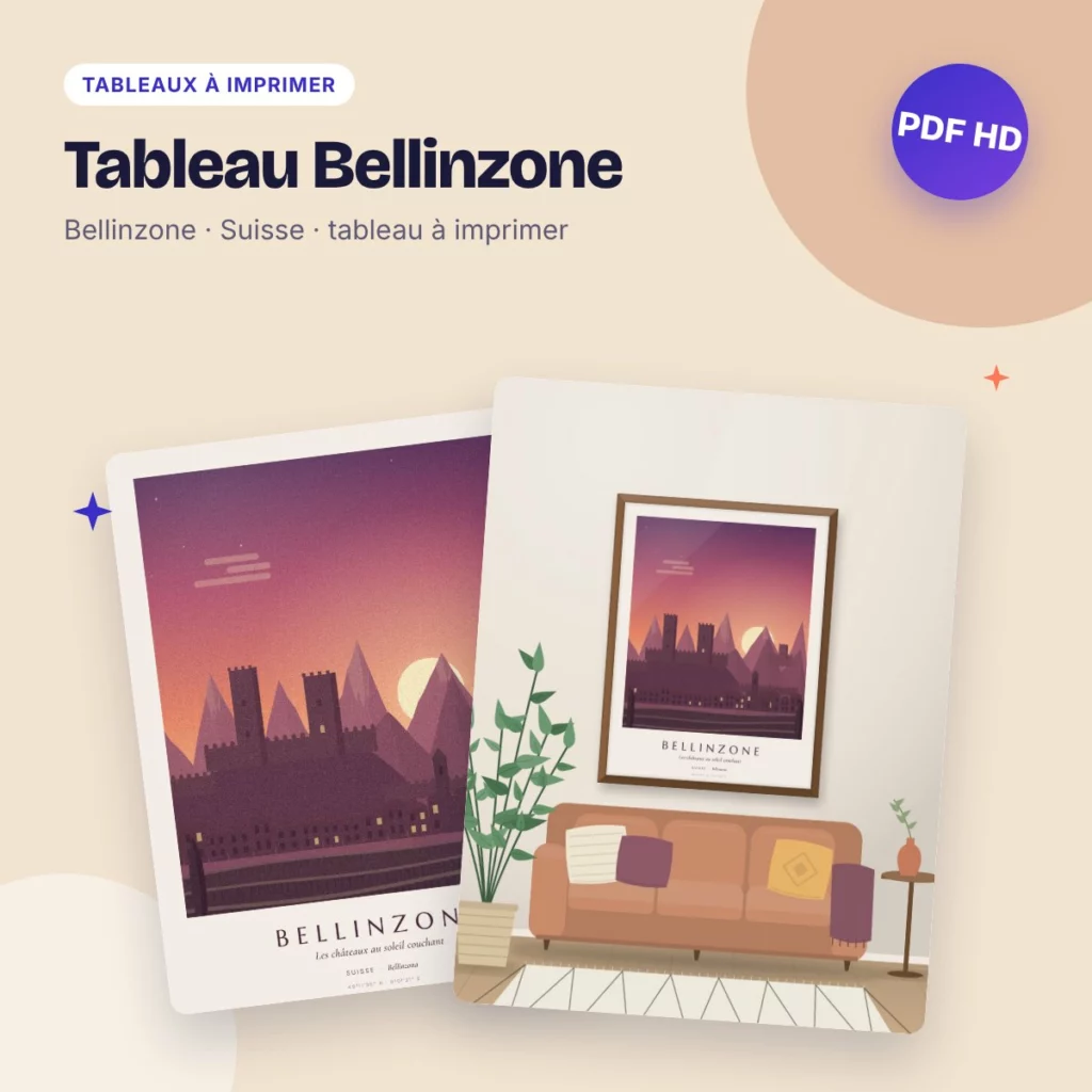 Tableau Bellinzone – les châteaux au coucher du soleil, PDF haute qualité