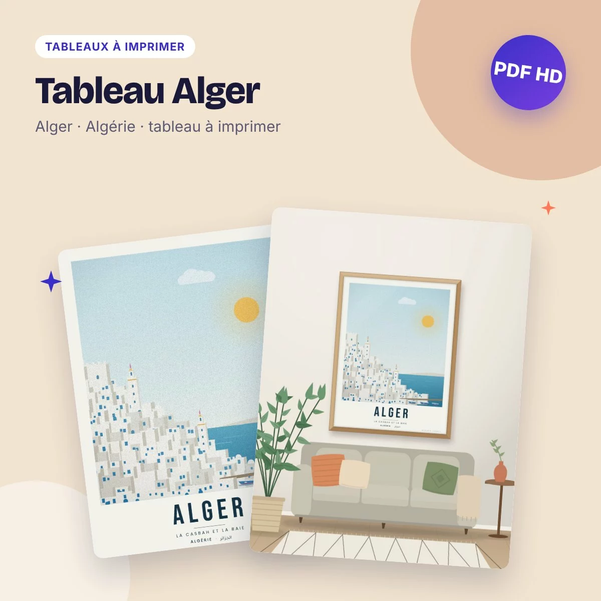 Tableau Alger – la Casbah et la baie, affiche de voyage à imprimer