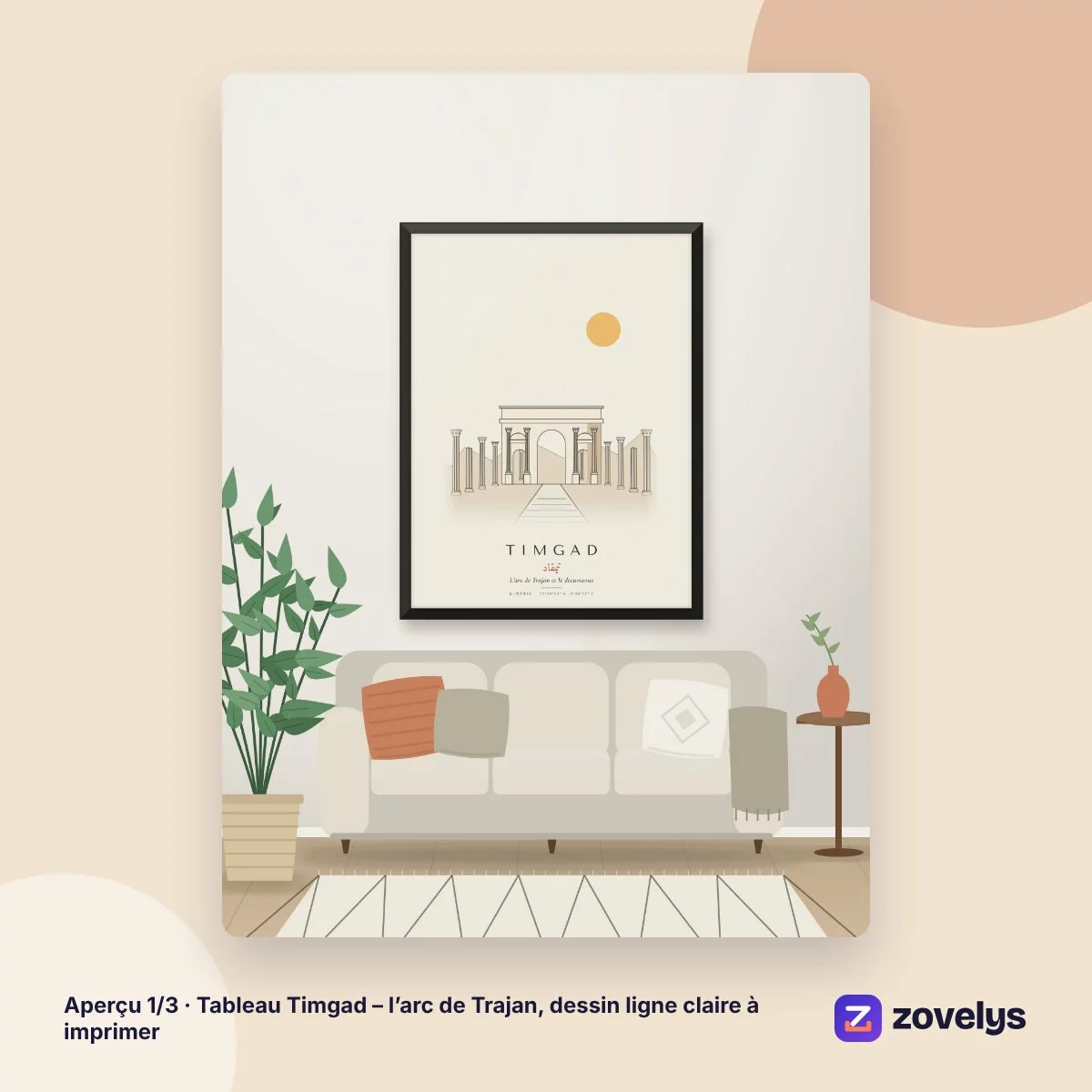 Tableau Timgad – l’arc de Trajan, dessin ligne claire à imprimer – aperçu 1