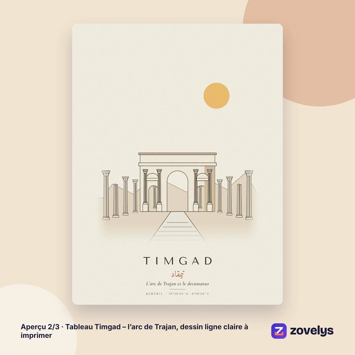 Tableau Timgad – l’arc de Trajan, dessin ligne claire à imprimer – aperçu 2