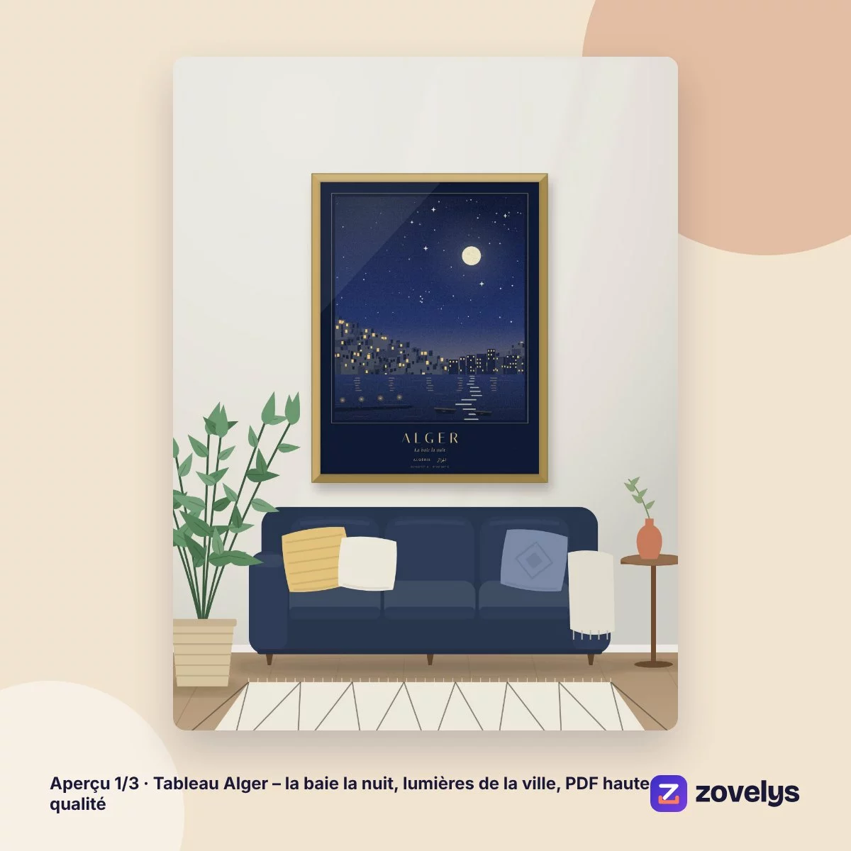 Tableau Alger – la baie la nuit, lumières de la ville, PDF haute qualité – aperçu 1