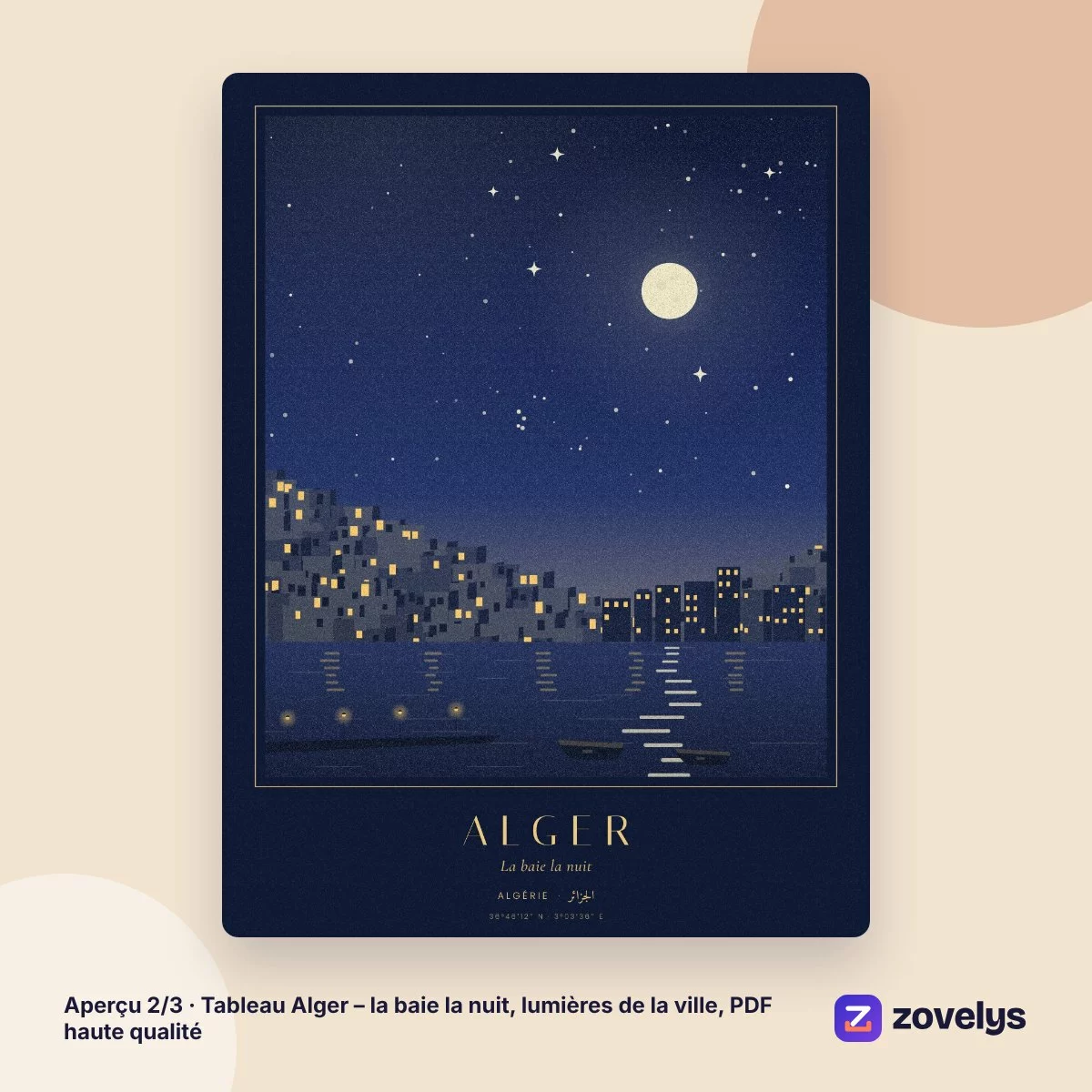 Tableau Alger – la baie la nuit, lumières de la ville, PDF haute qualité – aperçu 2