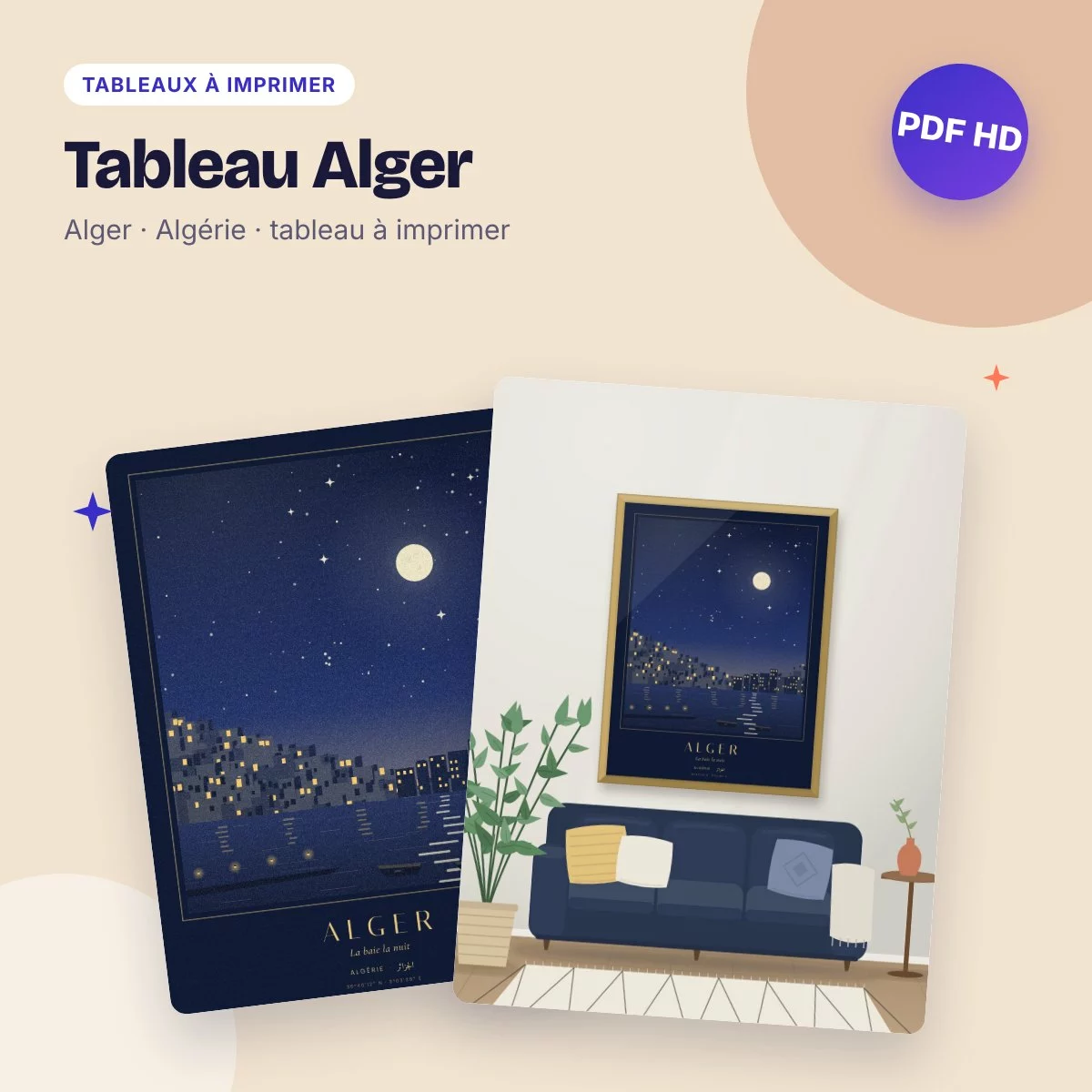Tableau Alger – la baie la nuit, lumières de la ville, PDF haute qualité