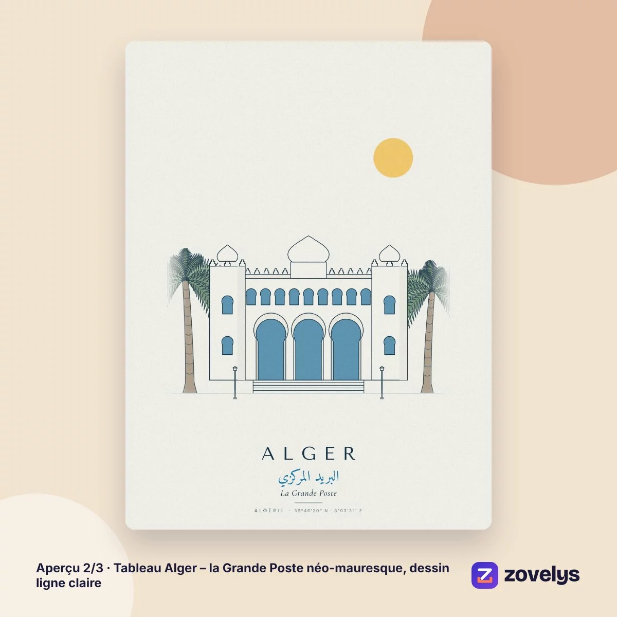 Tableau Alger – la Grande Poste néo-mauresque, dessin ligne claire – aperçu 2