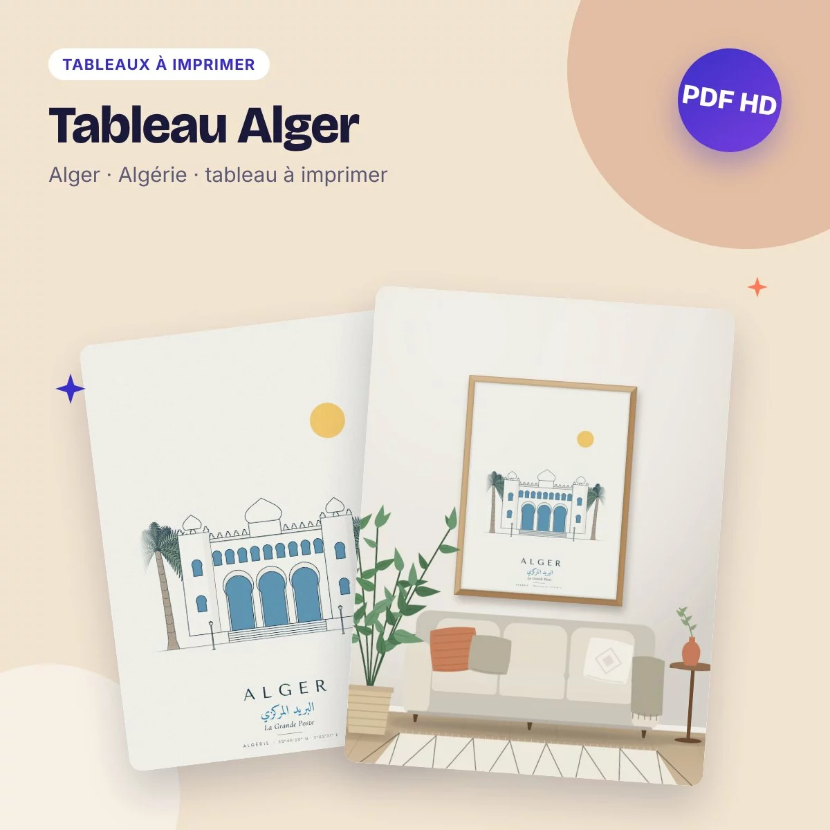 Tableau Alger – la Grande Poste néo-mauresque, dessin ligne claire