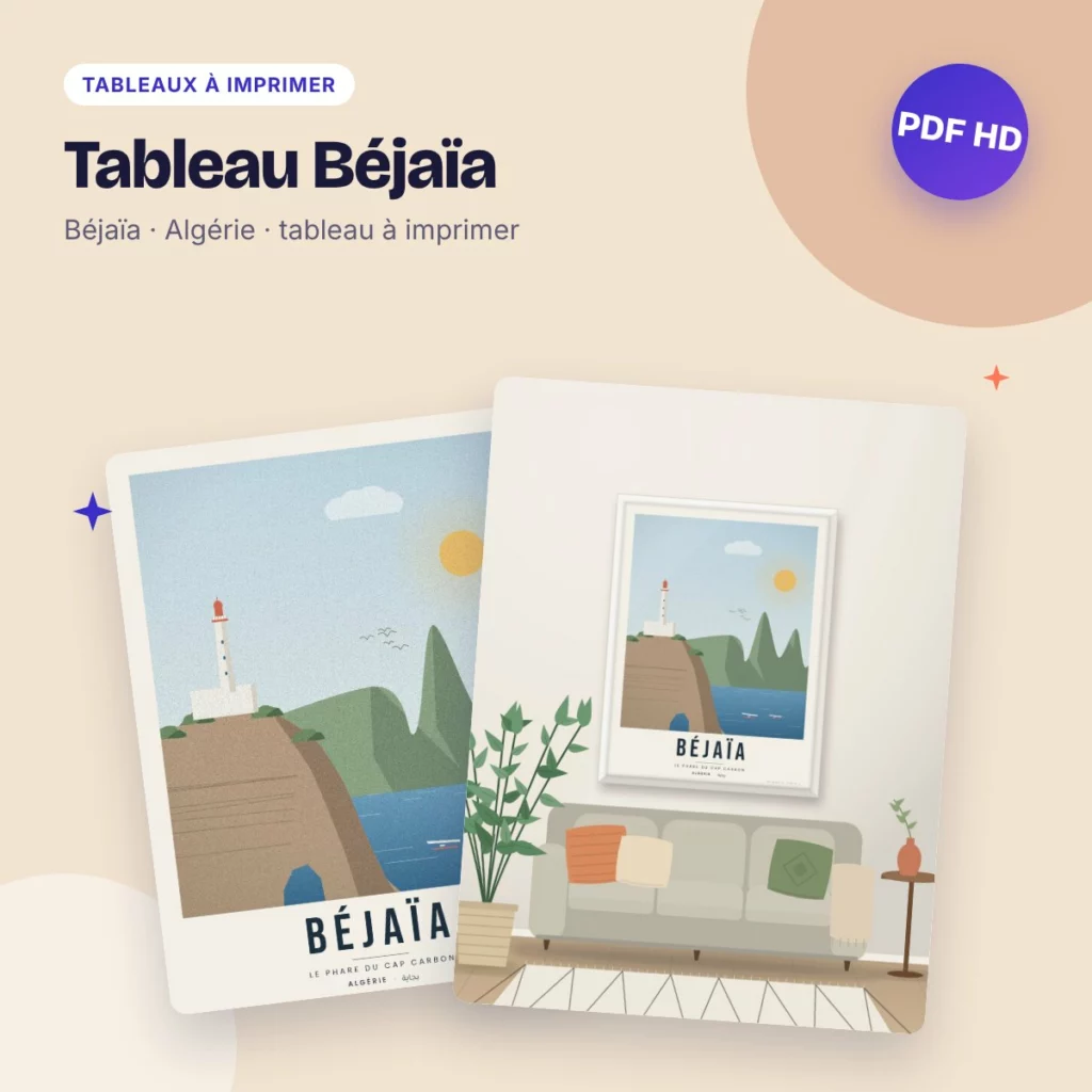 Tableau Béjaïa – le phare du cap Carbon, affiche de voyage à imprimer