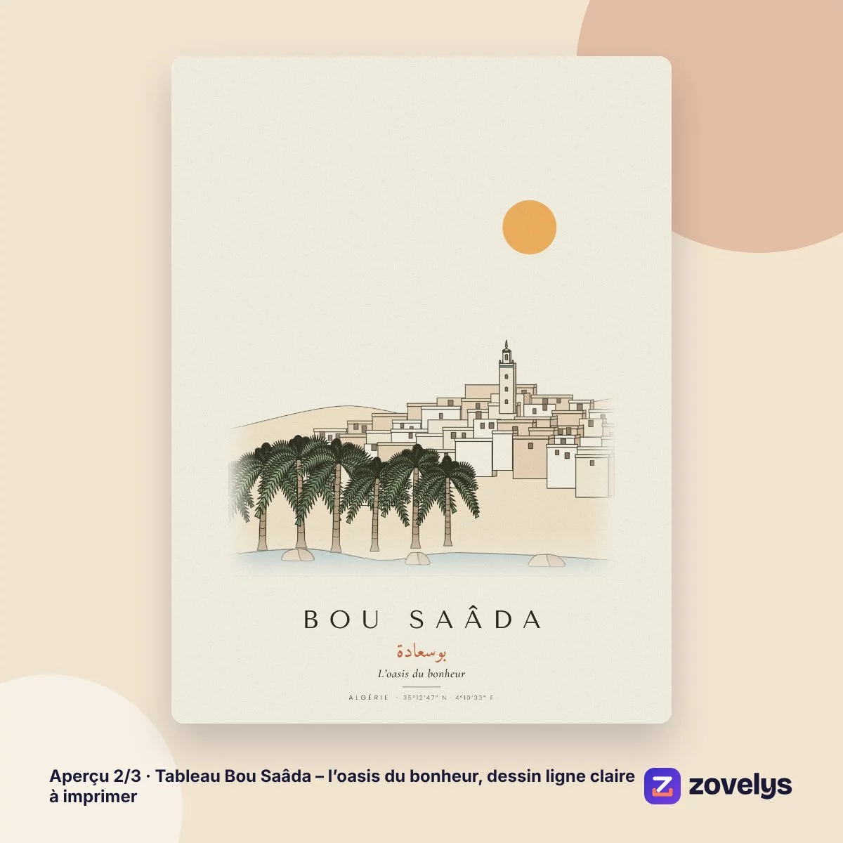 Tableau Bou Saâda – l’oasis du bonheur, dessin ligne claire à imprimer – aperçu 2