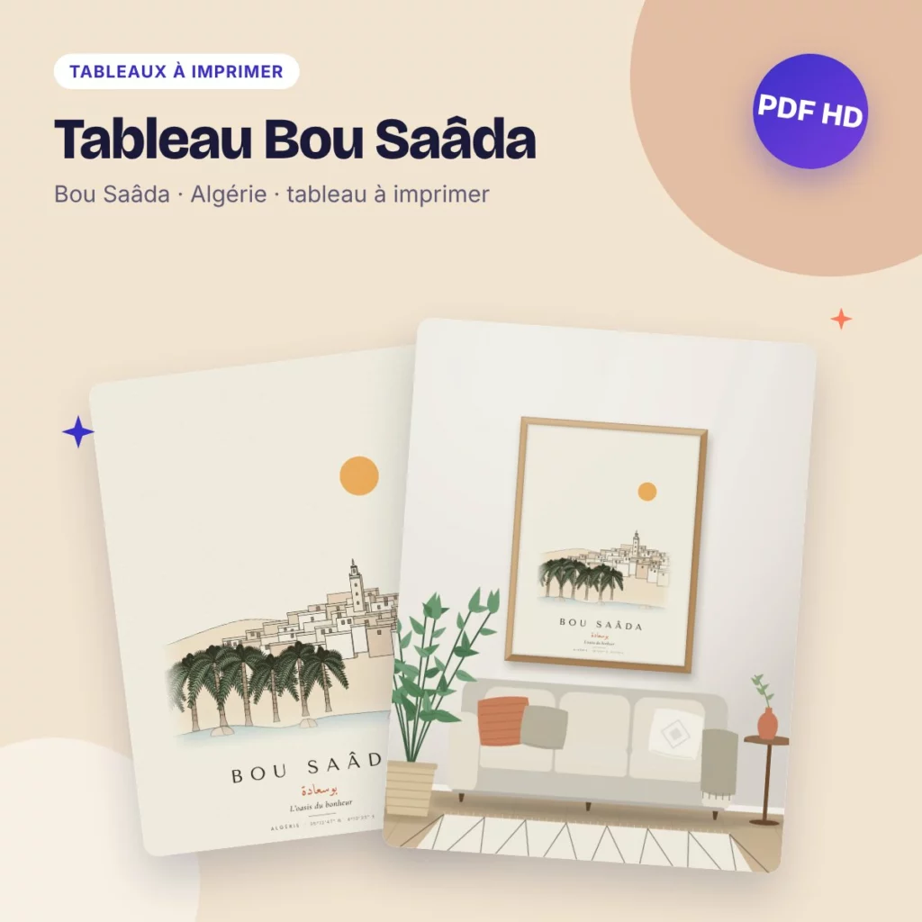 Tableau Bou Saâda – l’oasis du bonheur, dessin ligne claire à imprimer