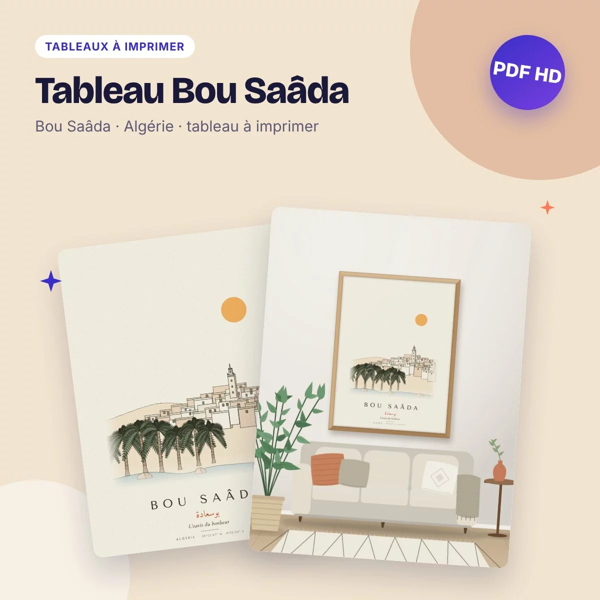 Tableau Bou Saâda – l’oasis du bonheur, dessin ligne claire à imprimer