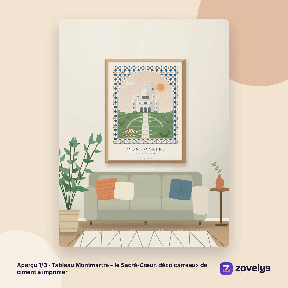 Tableau Montmartre – le Sacré-Cœur, déco carreaux de ciment à imprimer – aperçu 1