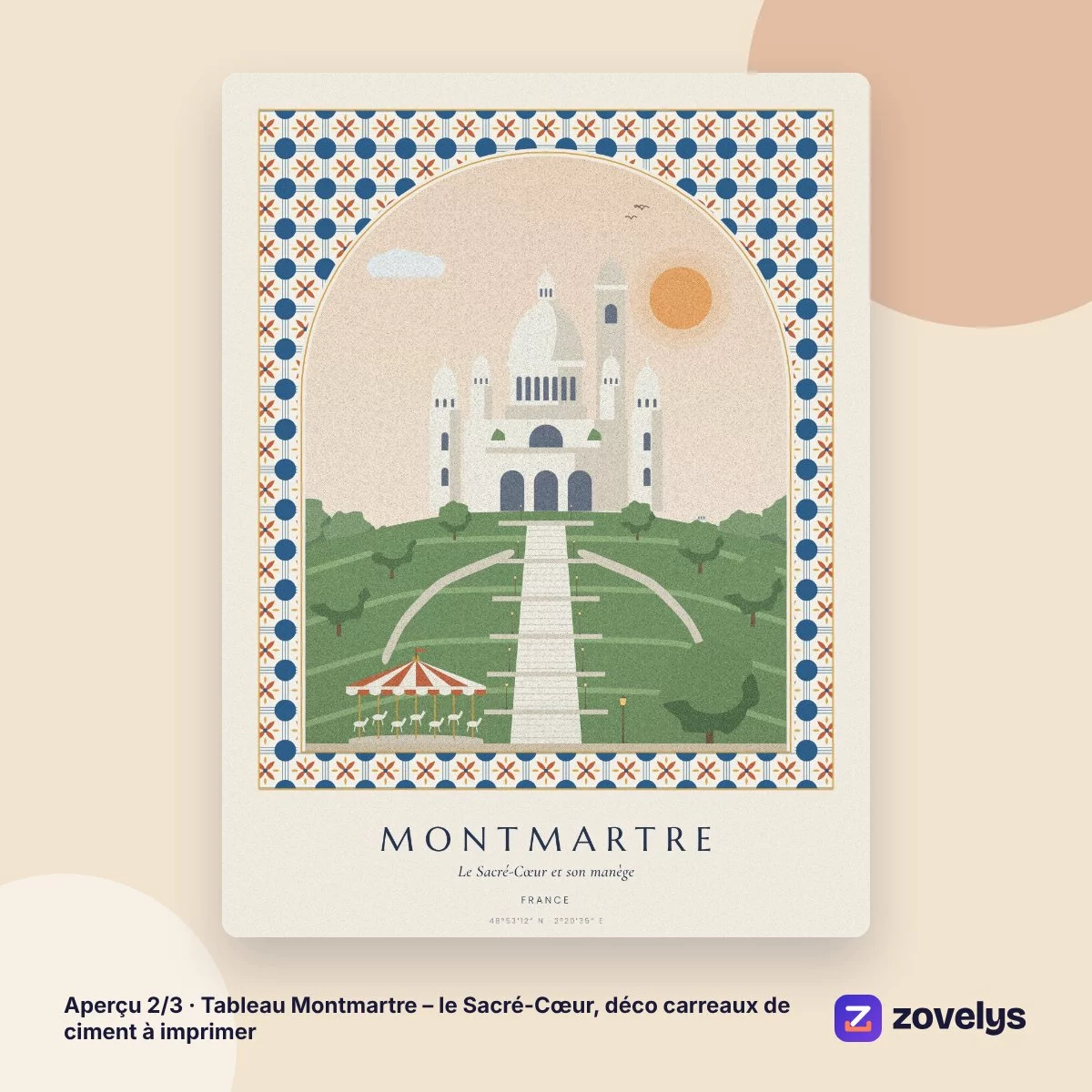 Tableau Montmartre – le Sacré-Cœur, déco carreaux de ciment à imprimer – aperçu 2