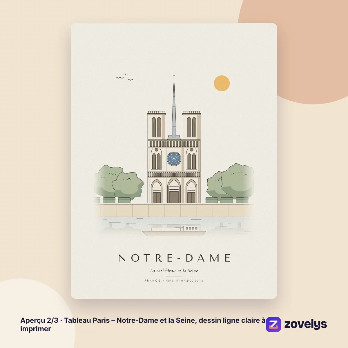 Tableau Paris – Notre-Dame et la Seine, dessin ligne claire à imprimer – aperçu 2