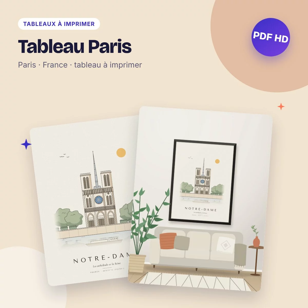 Tableau Paris – Notre-Dame et la Seine, dessin ligne claire à imprimer