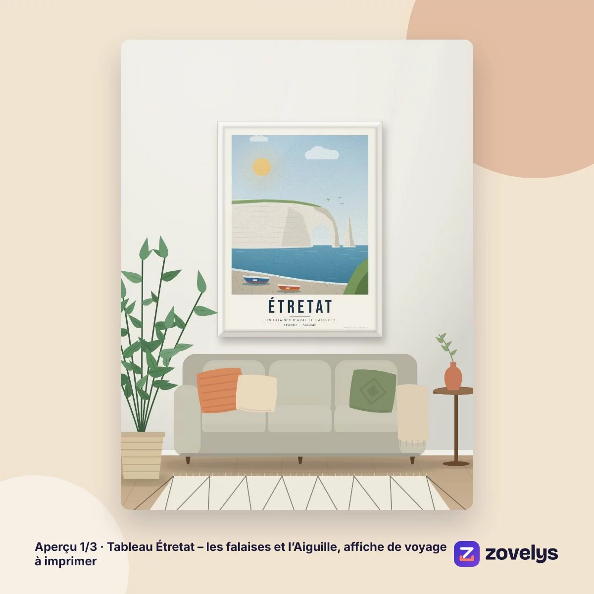 Tableau Étretat – les falaises et l’Aiguille, affiche de voyage à imprimer – aperçu 1