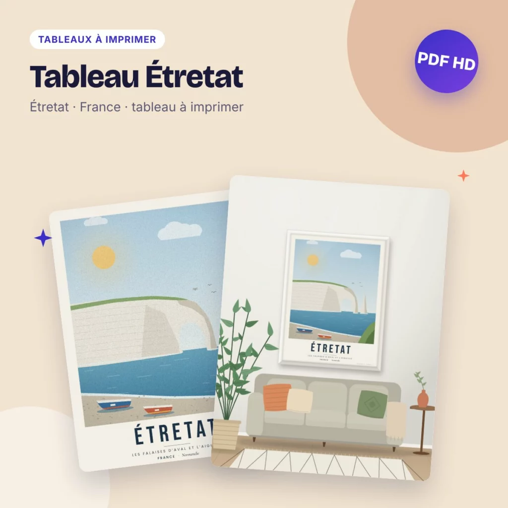 Tableau Étretat – les falaises et l’Aiguille, affiche de voyage à imprimer