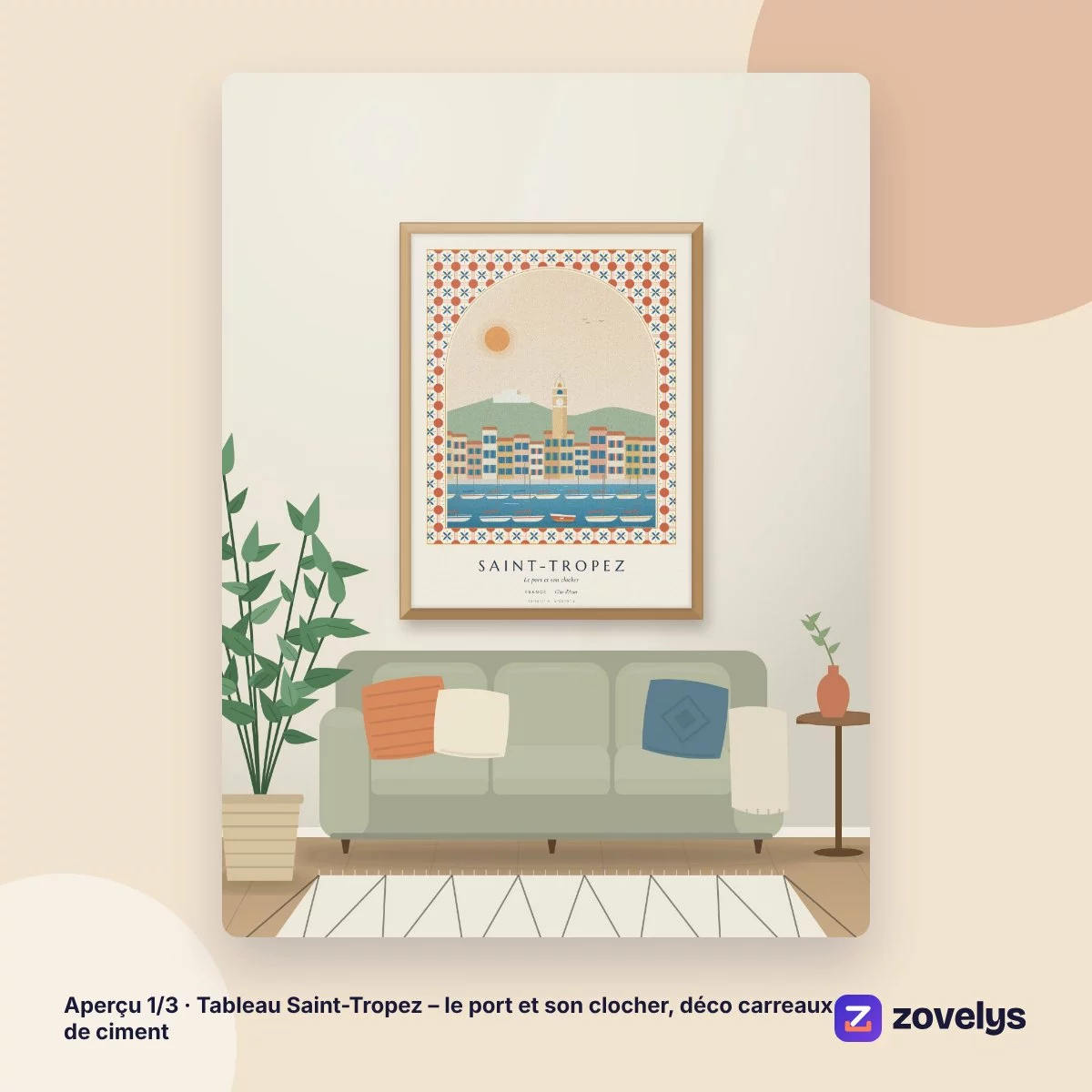 Tableau Saint-Tropez – le port et son clocher, déco carreaux de ciment – aperçu 1