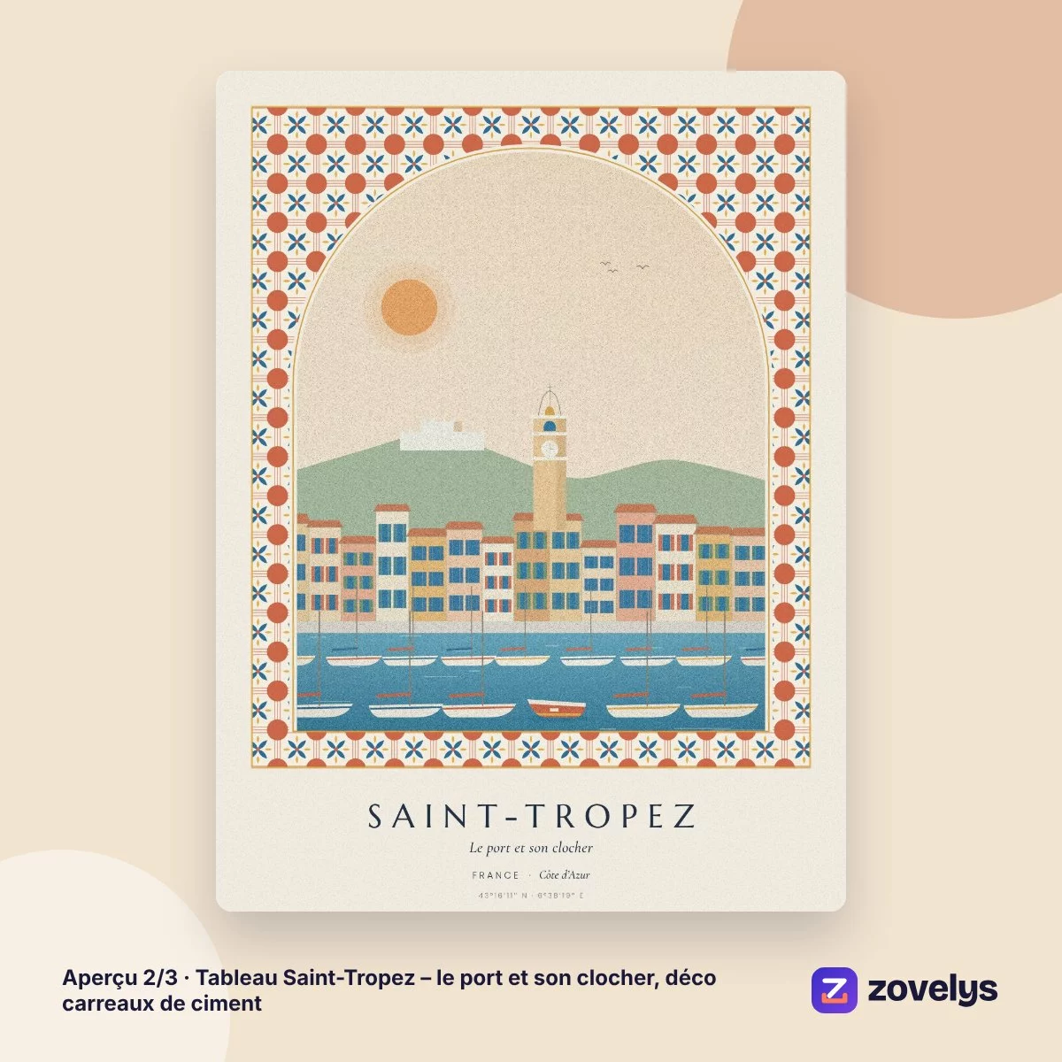 Tableau Saint-Tropez – le port et son clocher, déco carreaux de ciment – aperçu 2