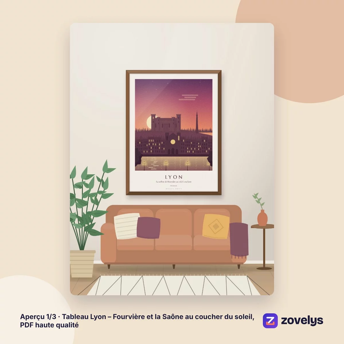 Tableau Lyon – Fourvière et la Saône au coucher du soleil, PDF haute qualité – aperçu 1