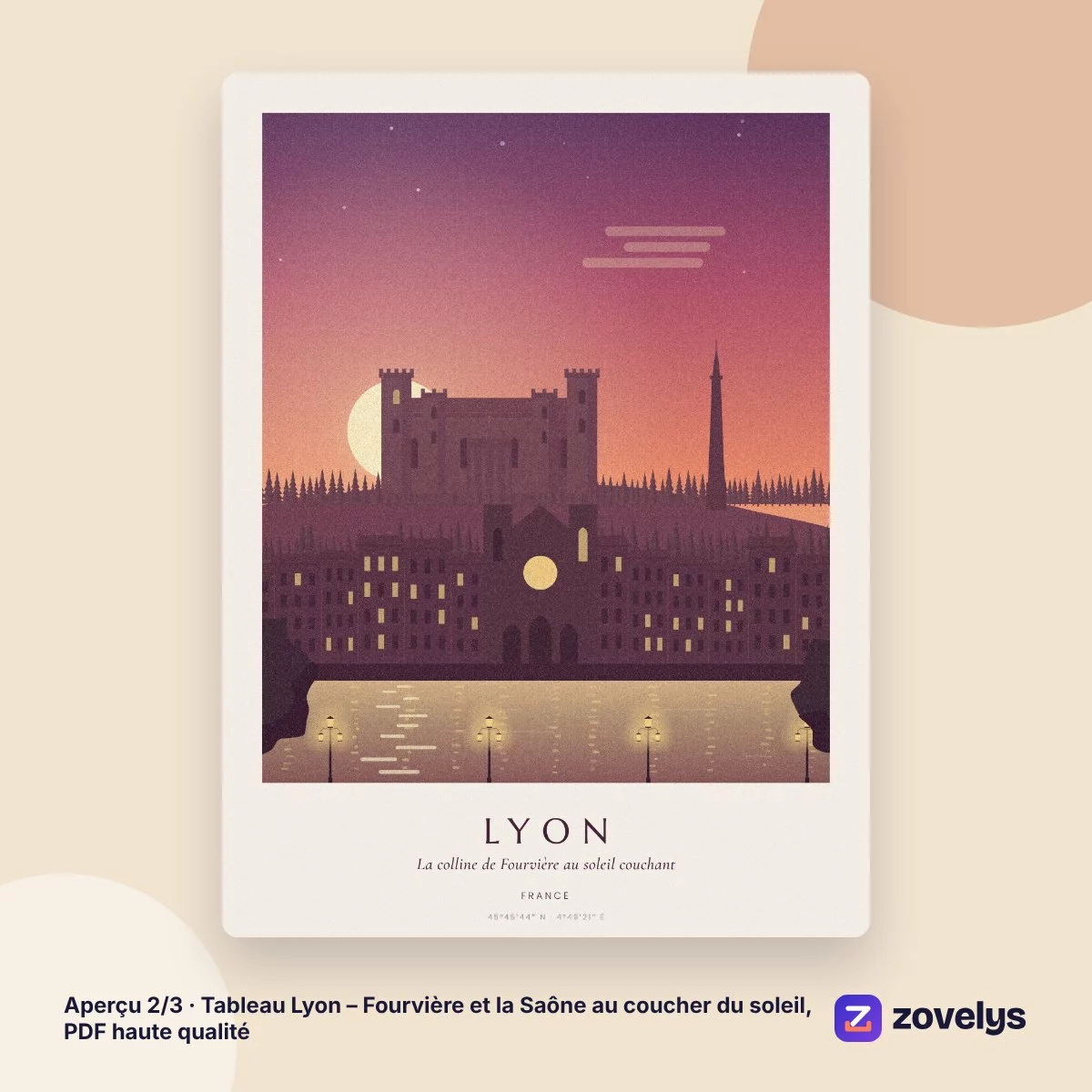 Tableau Lyon – Fourvière et la Saône au coucher du soleil, PDF haute qualité – aperçu 2
