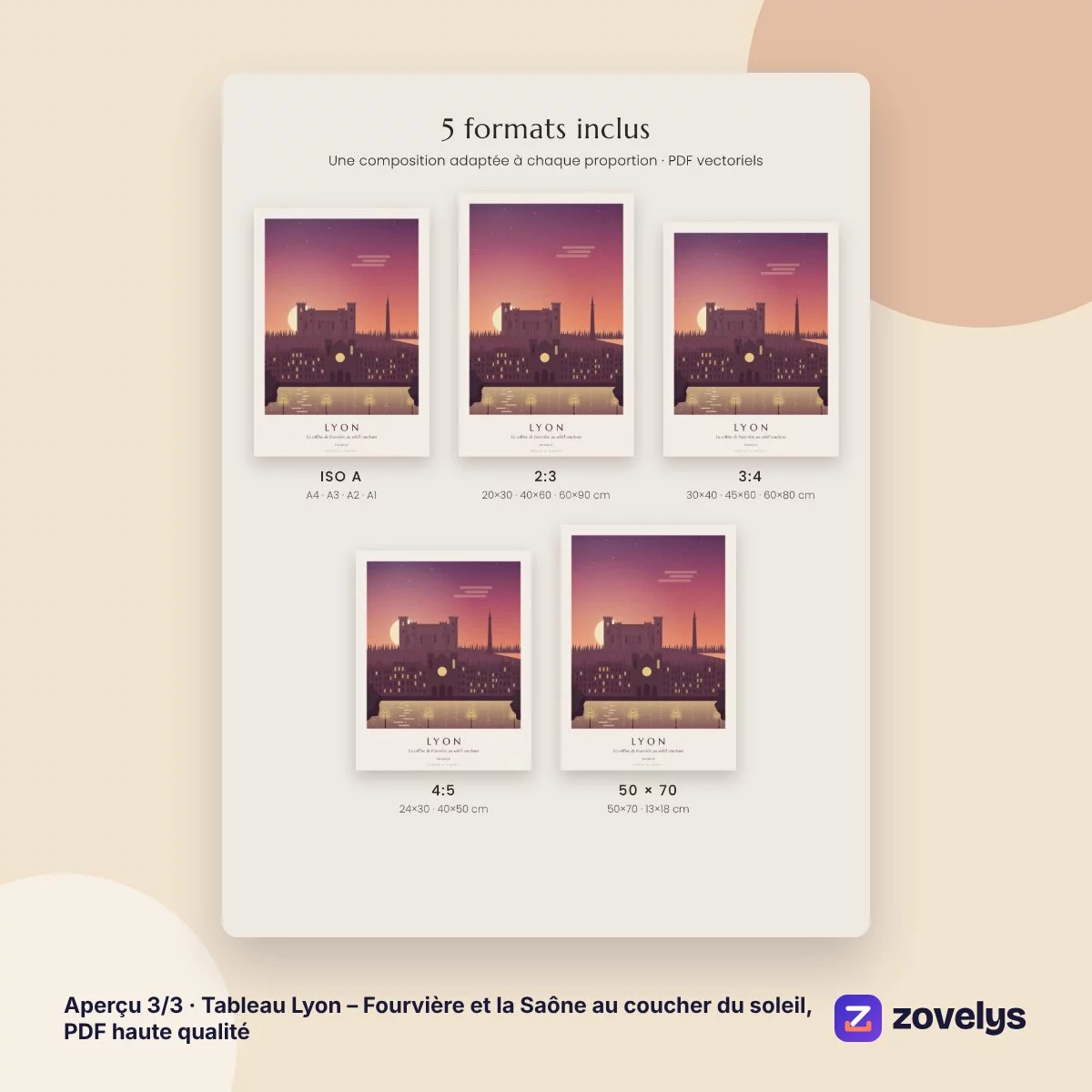 Tableau Lyon – Fourvière et la Saône au coucher du soleil, PDF haute qualité – aperçu 3