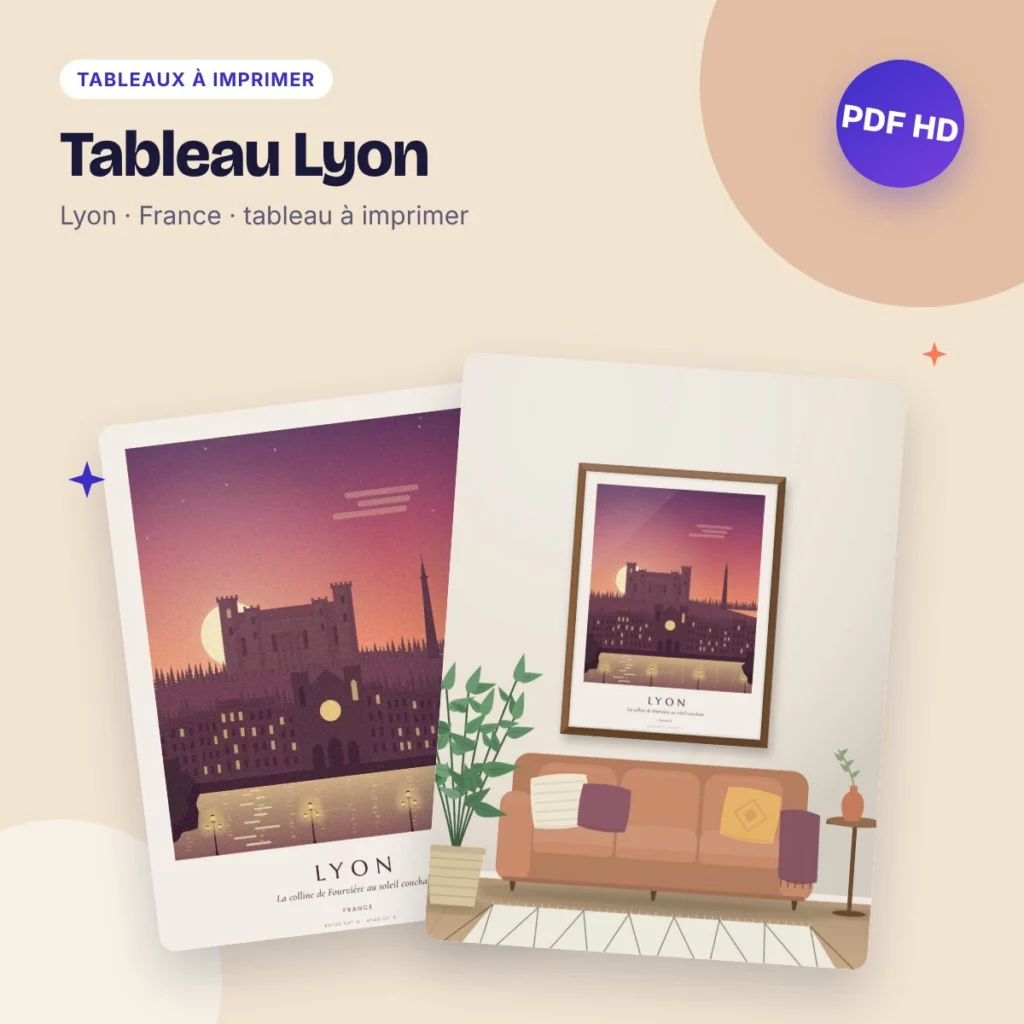 Tableau Lyon – Fourvière et la Saône au coucher du soleil, PDF haute qualité