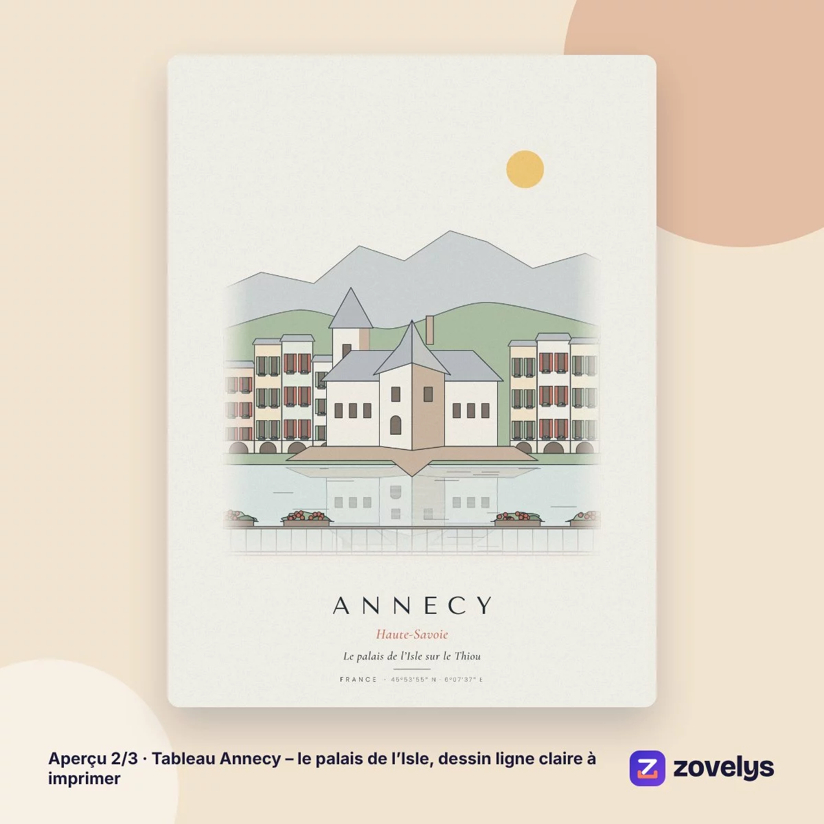Tableau Annecy – le palais de l’Isle, dessin ligne claire à imprimer – aperçu 2