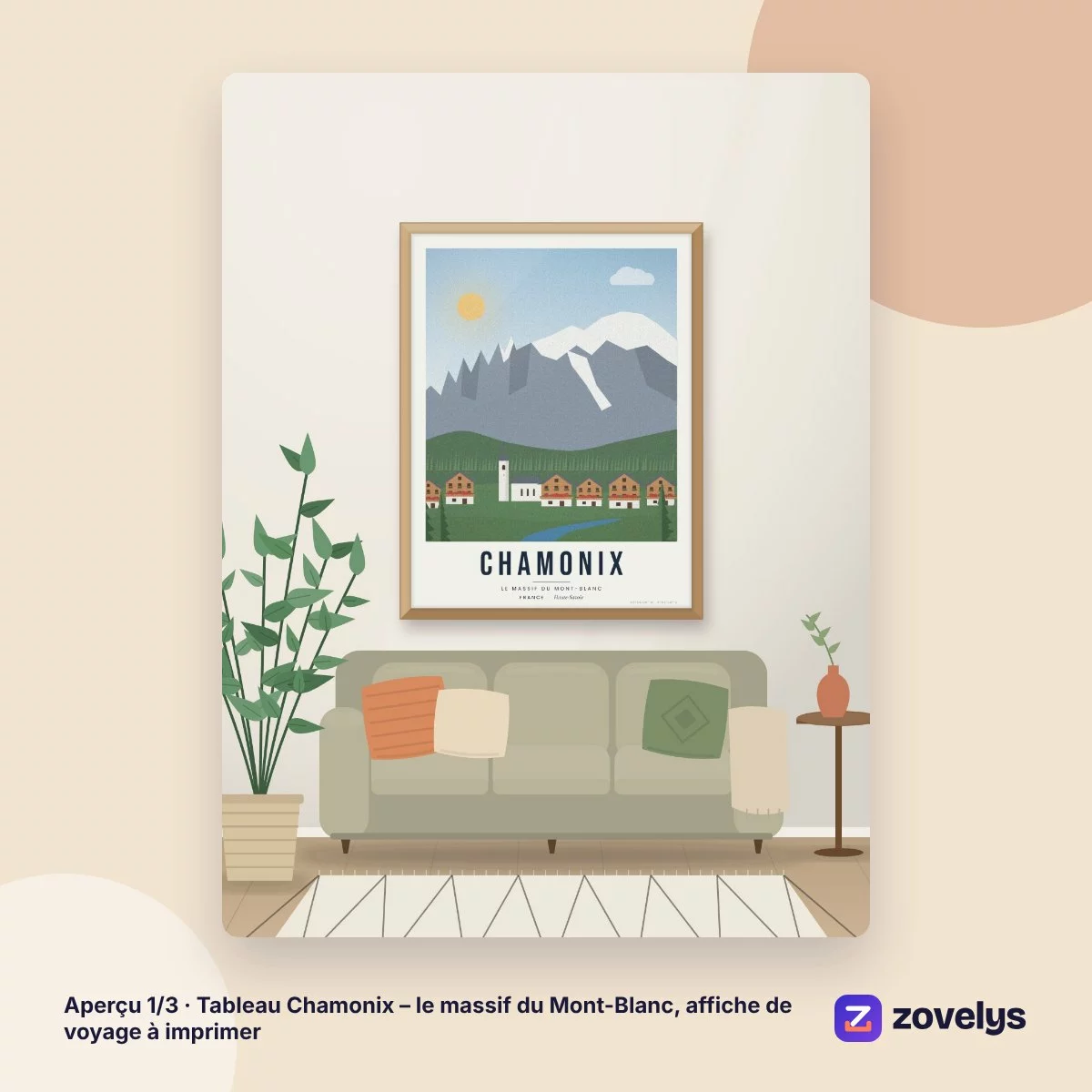 Tableau Chamonix – le massif du Mont-Blanc, affiche de voyage à imprimer – aperçu 1