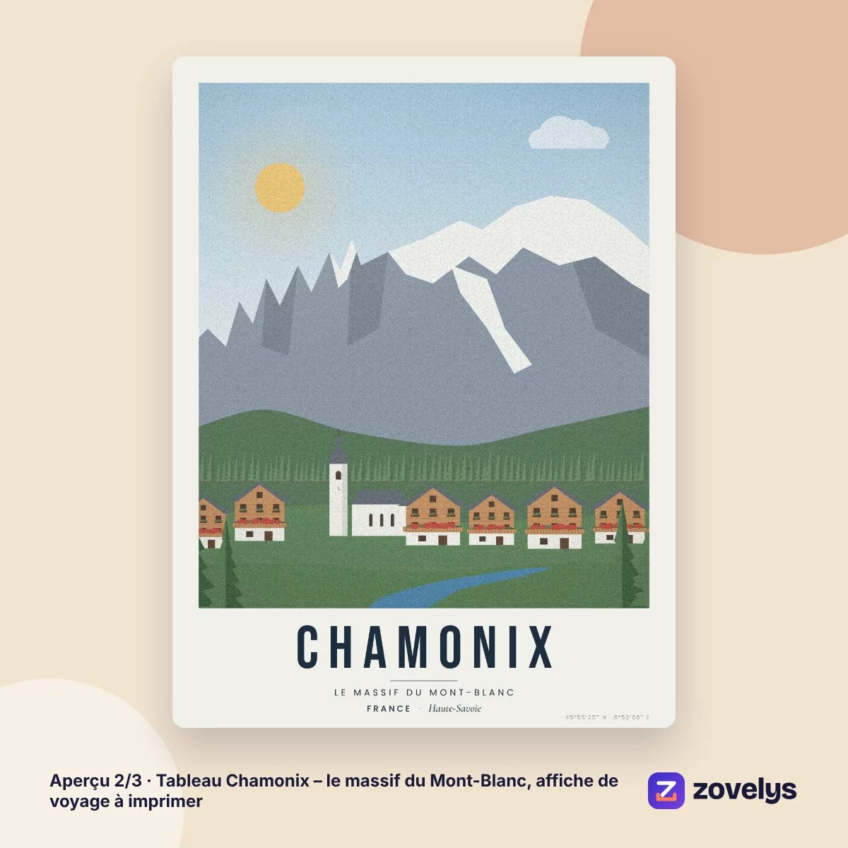 Tableau Chamonix – le massif du Mont-Blanc, affiche de voyage à imprimer – aperçu 2