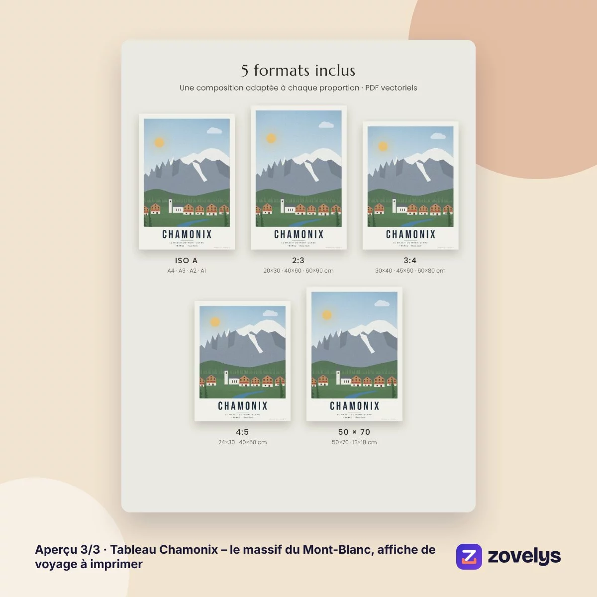 Tableau Chamonix – le massif du Mont-Blanc, affiche de voyage à imprimer – aperçu 3