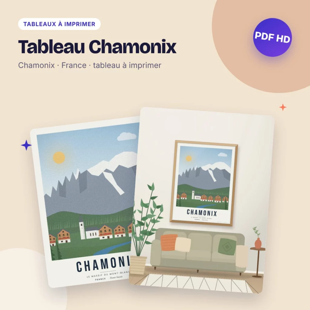 Tableau Chamonix – le massif du Mont-Blanc, affiche de voyage à imprimer