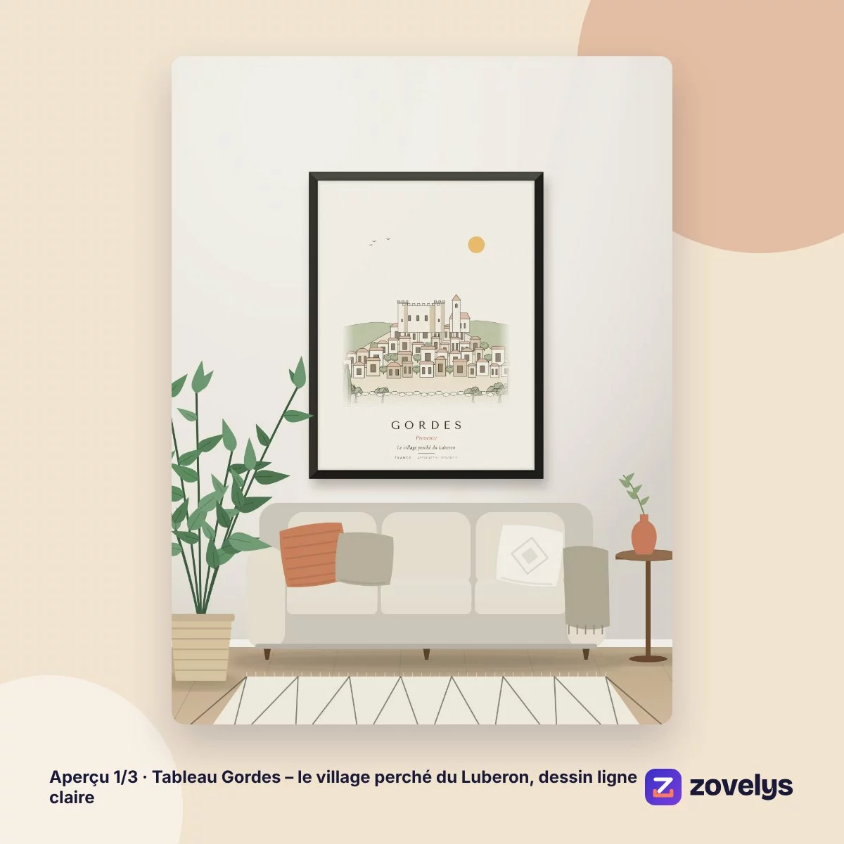 Tableau Gordes – le village perché du Luberon, dessin ligne claire – aperçu 1