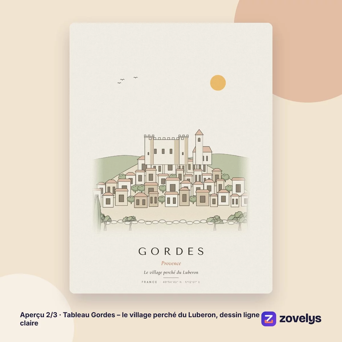 Tableau Gordes – le village perché du Luberon, dessin ligne claire – aperçu 2