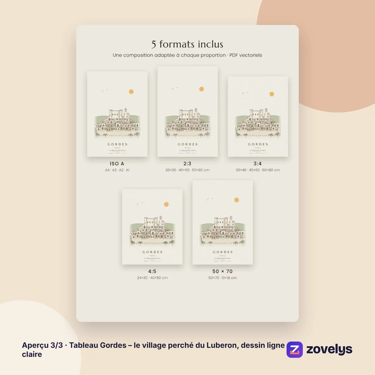 Tableau Gordes – le village perché du Luberon, dessin ligne claire – aperçu 3